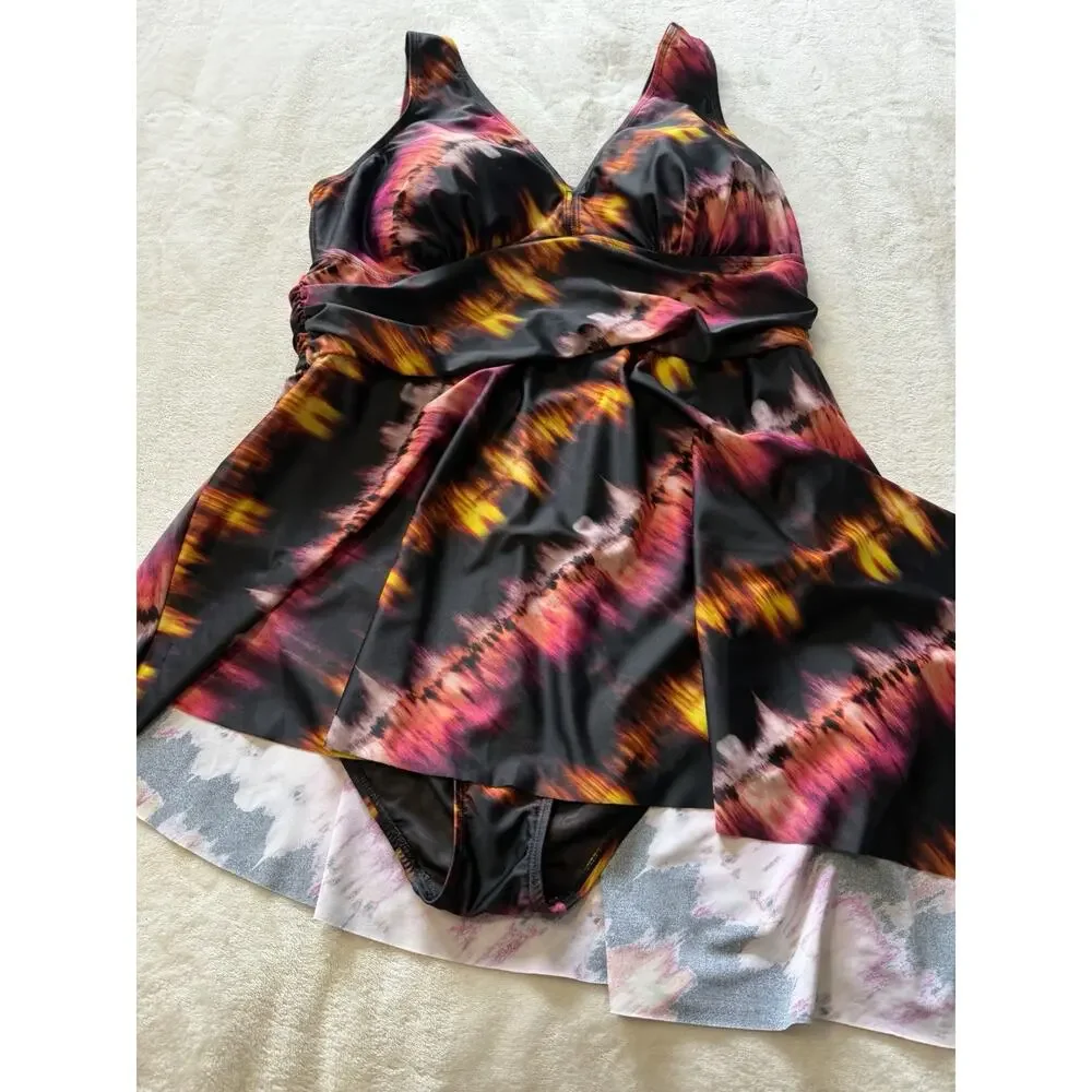 Torrid Size 1 1X 14-16 Wireless Short Asymmetrical Swim Dress with Brief Tie Dye